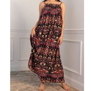 anthropologie Navy Dark Floral Cottagecore Quilted Sleeveless Maxi Dress M